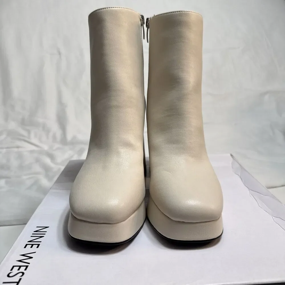 Nine West 7. Bootie Velo3 Ivory Platform Faux Leather Block Heel Ankle Boots NIB - Picture 2 of 11